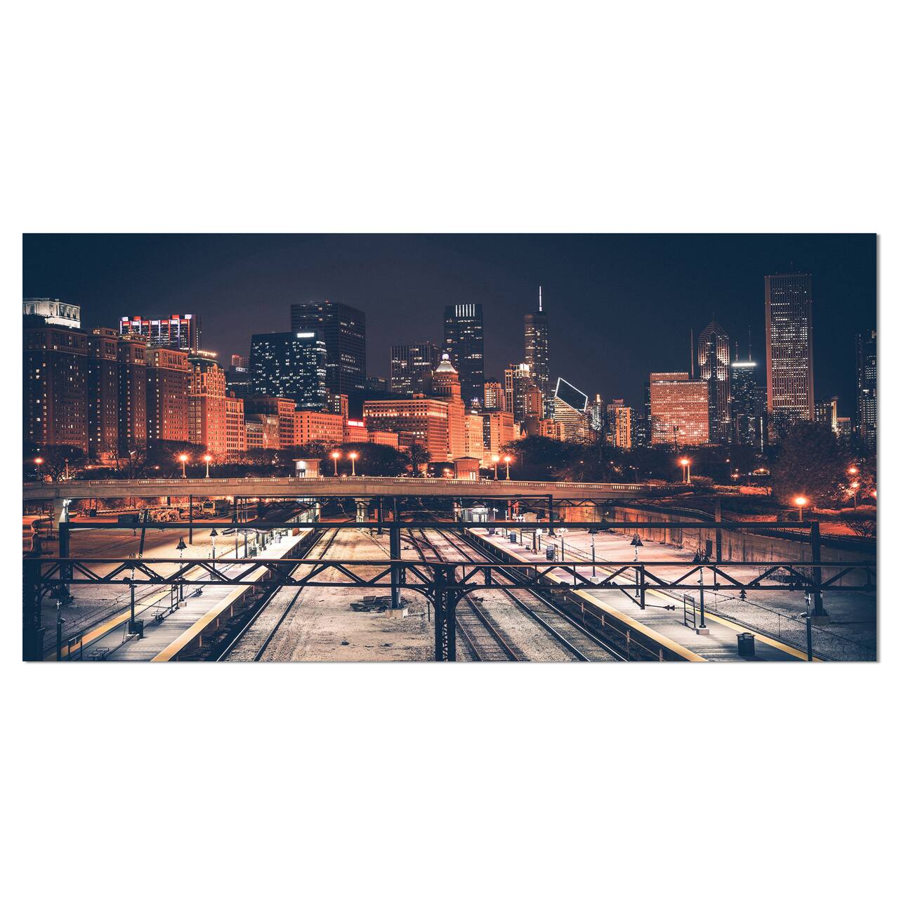 Designart - Dark Chicago Skyline and Railroad - Cityscape Canvas Print